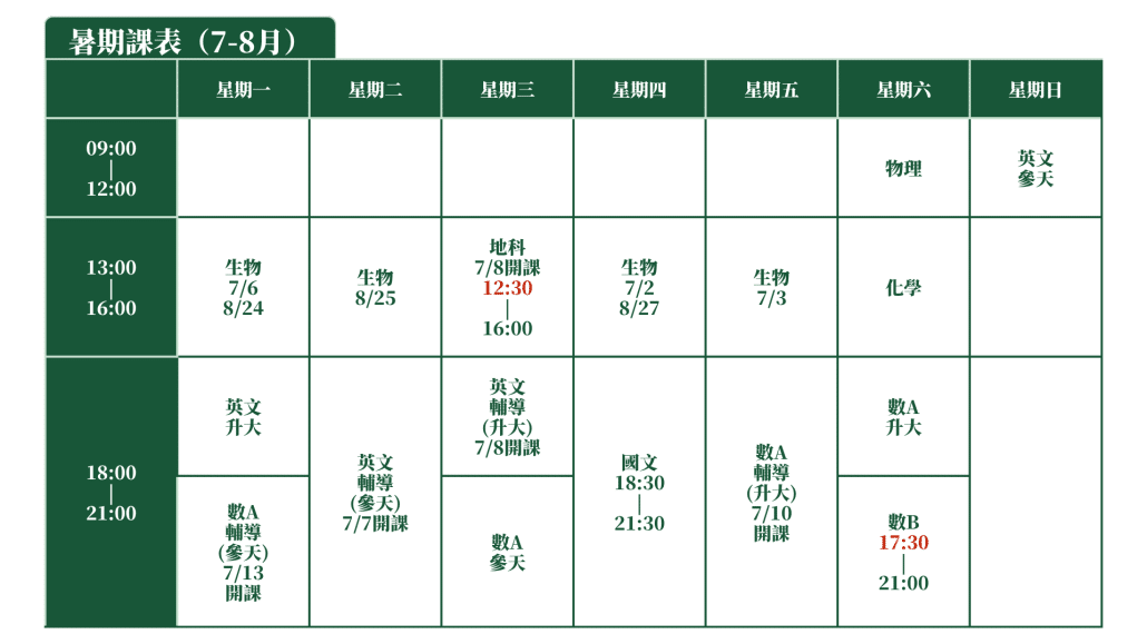 高三7-8月暑假課表
