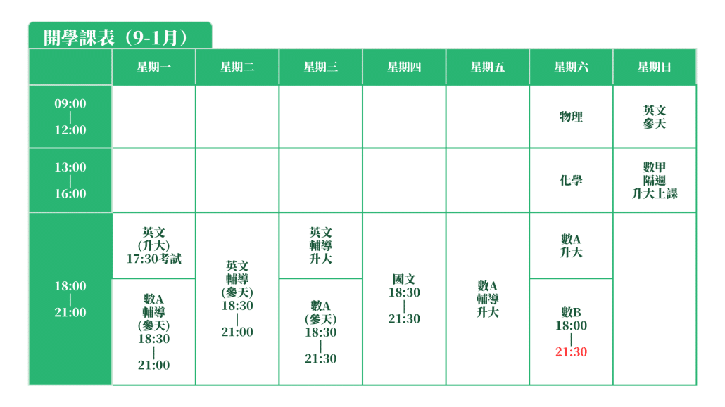 高三9-1月開學課表